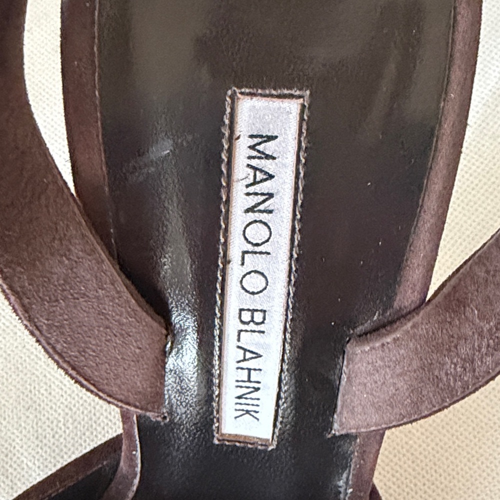 Manolo Blahnik Dark Brown Suede Pointed Slingback Pumps with Buckle - Picture 3 of 4